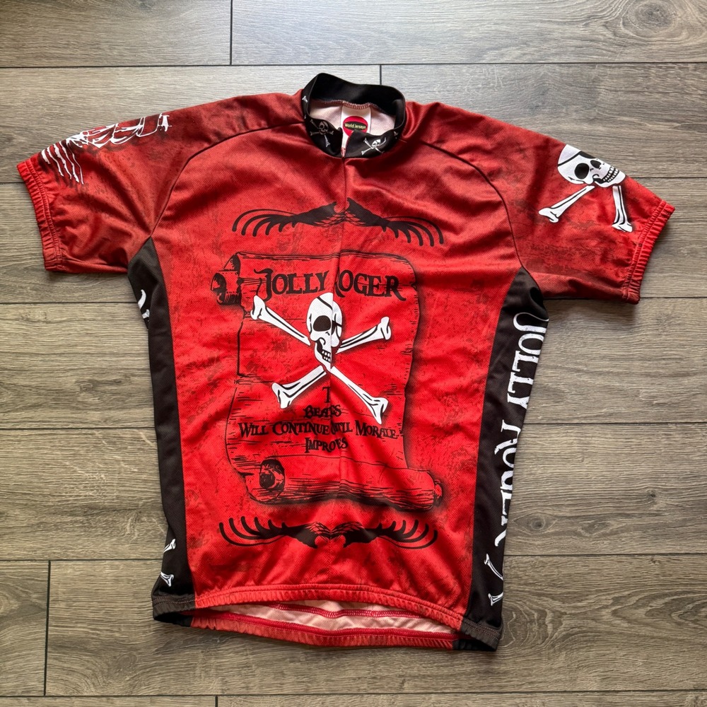 World Jerseys Mens Jolly Roger Pirate Skull Cycling Jersey Red Black Large L